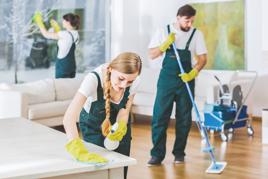 Housecleaning services in New Jersey with trained cleaners sanitizing a living room